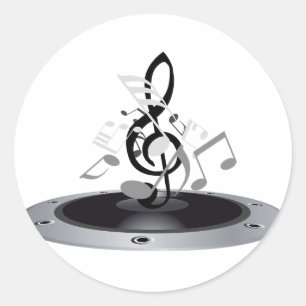 Sticker Rond Enceinte à notes de musique noires et argentées