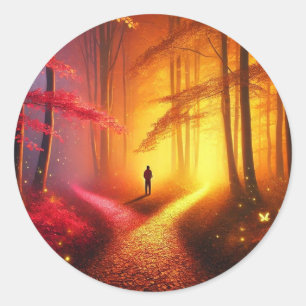 Sticker Rond Enchanted Crossroads - Vibrant Autumn Forest Art P