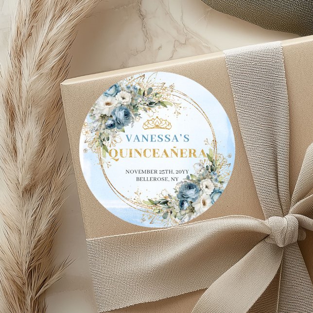 Sticker Rond Enchanting Dusty Blue Gold Greenery Quinceañera   (Enchanting Dusty Blue Gold Greenery Quinceañera Sticker

)