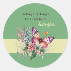Sticker Rond Encouragement Papillon et Fleurs sur Vert