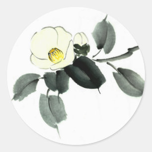Sticker Rond encre sumi camélia blanche et aquarelle japonaise