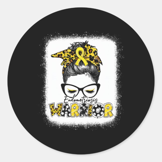 Sticker Rond Endometriosis Guerrier Messy Bun Jaune Ruban (Devant)