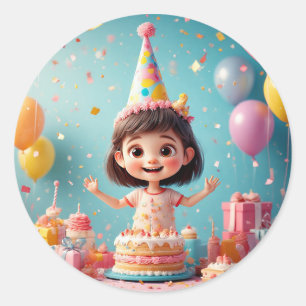 Sticker Rond Enfant joyeux célébrant son anniversaire avec un g