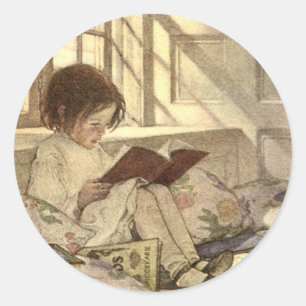 Sticker Rond Enfant Vintage lisant un livre, Jessie Willcox Smi