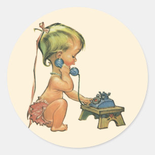 Sticker Rond Enfant Vintage Mignonne Fille Blonde Parlant sur u