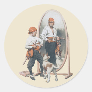 Sticker Rond Enfant vintage, Petit Pirate, Chien, Miroir, Bouca