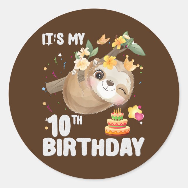 Sticker Rond Enfants 10e anniversaire Sloth Girl Party mignonne (Devant)