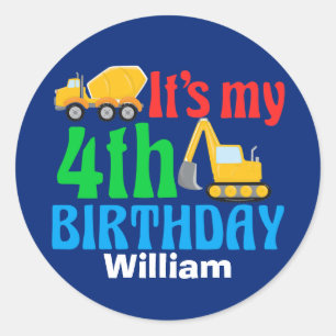 Sticker Rond Enfants 4e anniversaire Boy Construction Véhicule 