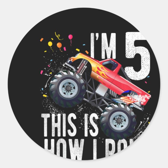 Sticker Rond Enfants 5 ans 5e anniversaire Garçon Monster Camio (Devant)