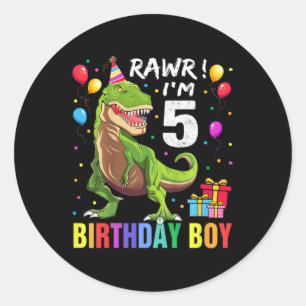 Sticker Rond Enfants 5 ans 5e anniversaire garçon T Rex Dinosau