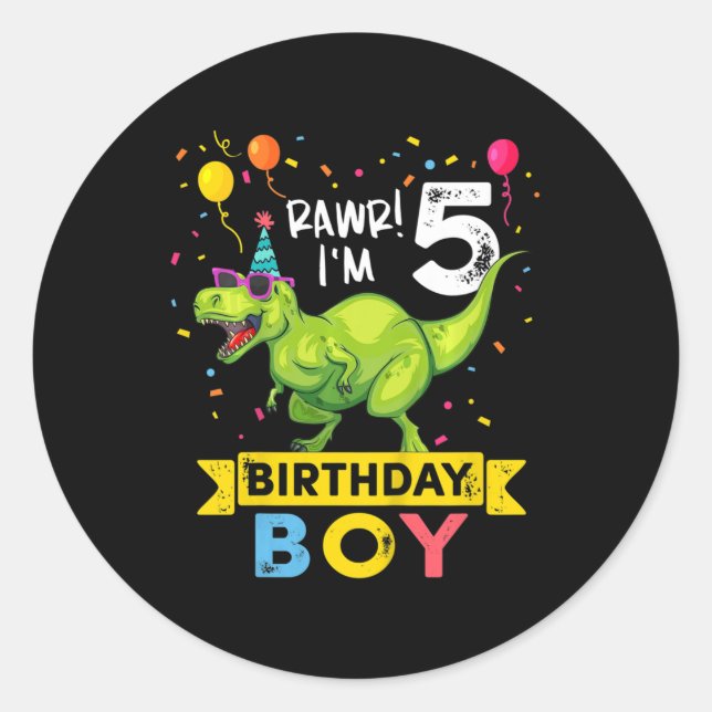 Sticker Rond Enfants 5 ans 5e anniversaire garçon T Rex Dinosau (Devant)