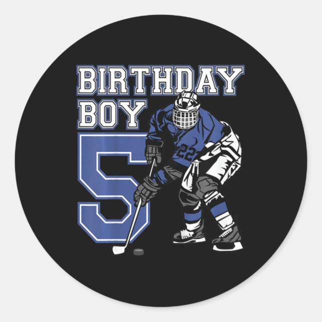 Sticker Rond Enfants 5 ans Hockey sur glace Thème Anniversaire  (Devant)