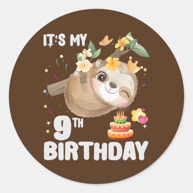 Sticker Rond Enfants 9e anniversaire Sloth Girl Party mignonne  (Devant)
