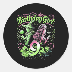 Sticker Rond Enfants 9e Anniversaire Sorcière rose et verte 9 A