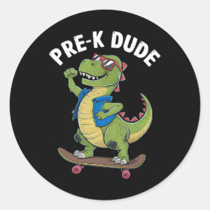 Sticker Rond Enfants de maternelle en skateboard avec dinosaure