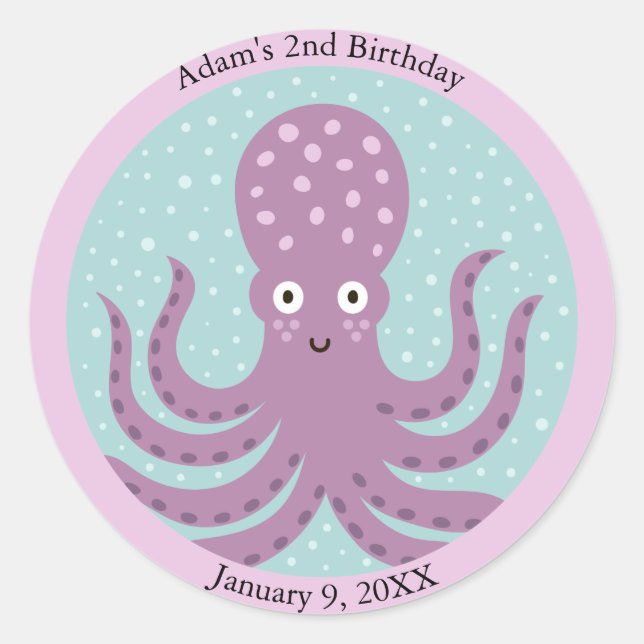 Sticker Rond Enfants de poulpe pourpre sous la mer Anniversaire (Devant)