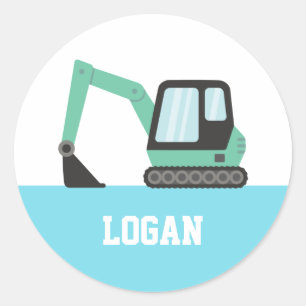 Sticker Rond Enfants Excavateurs de Construction Verte Personna