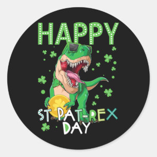 Sticker Rond Enfants Heureux St Patricks Day T-rex Dinosaure Ga