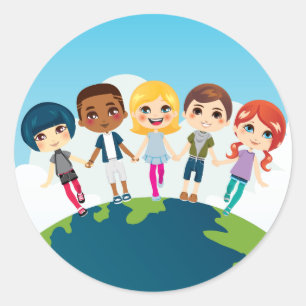 Sticker Rond Enfants multi-ethniques heureux