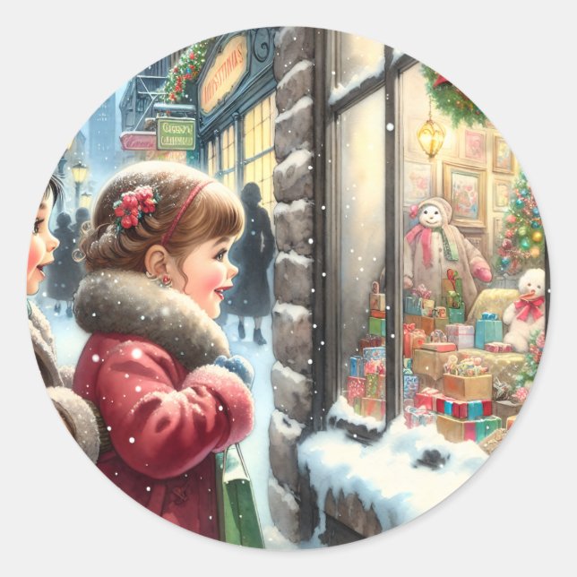 Sticker Rond Enfants regardant dans une fenêtre de Noël (Devant)