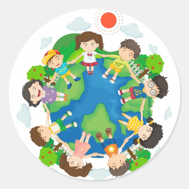 Sticker Rond Enfants tenant la main autour de la terre (Devant)
