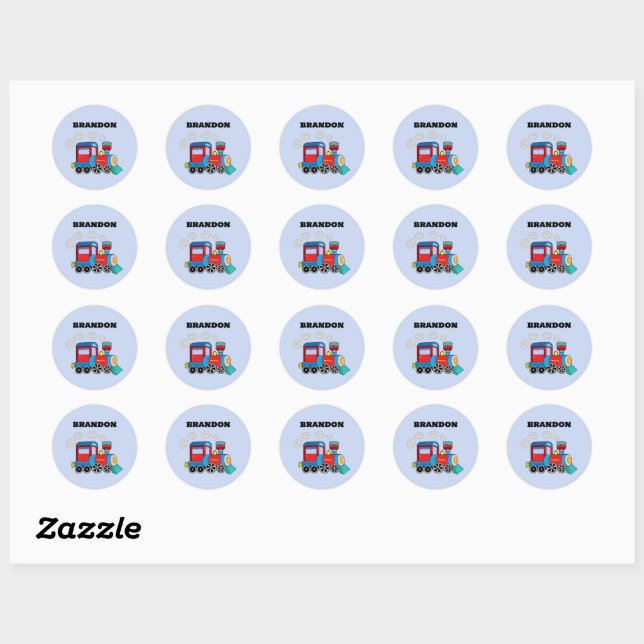 Sticker Rond Enfants Train Boys Blue Custom Name (Feuille)