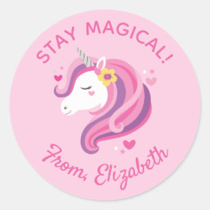 Sticker Rond Enfants Unicorn Visage rose Valentines Jour Classe