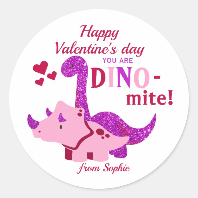 Sticker Rond Enfants Valentines Day Girly Dinosaur Dino-mite (Devant)