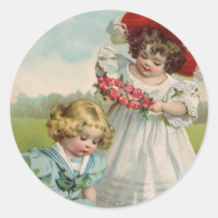 Sticker Rond Enfants victoriens Vintage Été Filles Jardin