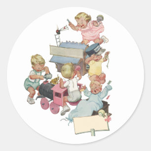 Sticker Rond Enfants vintage s'amusant à jouer avec des trains 