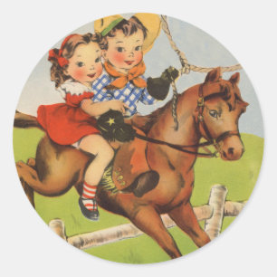 Sticker Rond Enfants vintages à cheval Jouer aux cow-boys