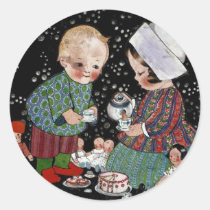 Sticker Rond Enfants vintages ayant une tasse de thé