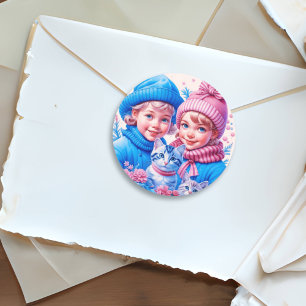 Sticker Rond Enfants vintages et chatons Noël