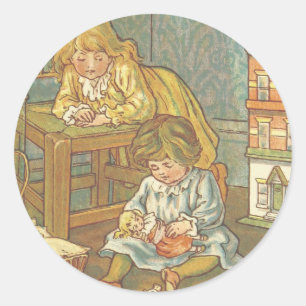 Sticker Rond Enfants vintages Jouant Avec Poupées