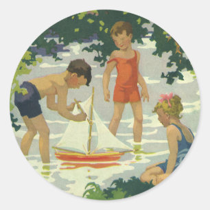 Sticker Rond Enfants vintages Jouer Jouet Bateaux à voile Étang