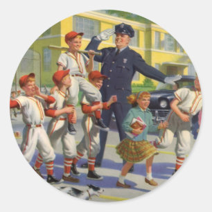 Sticker Rond Enfants vintages, Joueurs De Baseball Traversant L