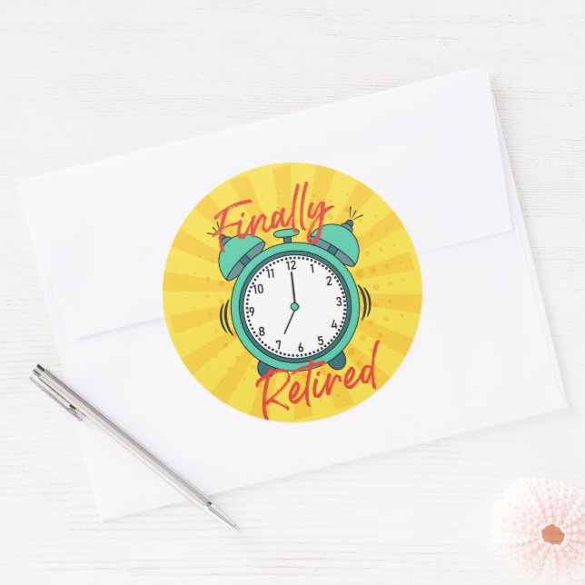 Sticker Rond Enfin Retraité, éteins le réveil, (Enveloppe)