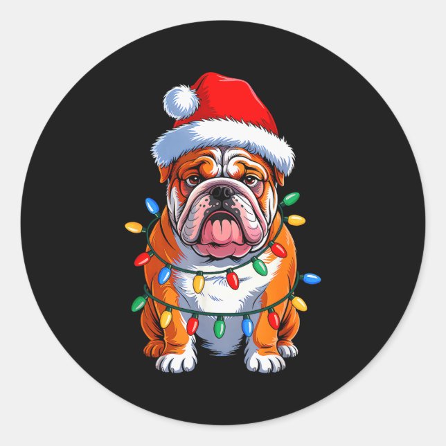 Sticker Rond English Bulldog Dog Christmas Lights Santa Hat Xma (Devant)