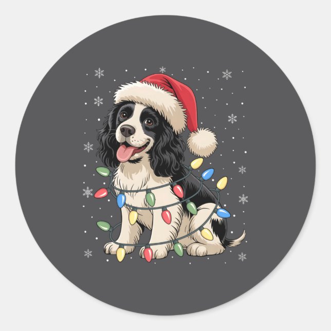 Sticker Rond English Springer Spaniel Dog Christmas Tree Lights (Devant)