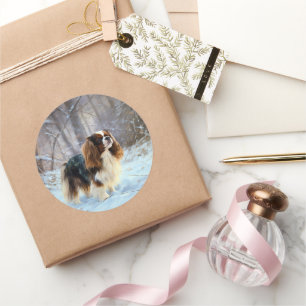 Sticker Rond English Toy Spaniel Laisser Neige Noël