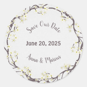 Sticker Rond enregistrer la date aquarelle couronne florale