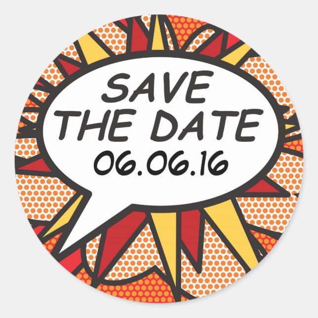 Sticker Rond ENREGISTRER LA DATE Fun Retro Comic Book Pop Art (Devant)