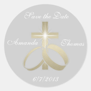 Sticker Rond Enregistrer la date Gold Mariage anneaux et croix