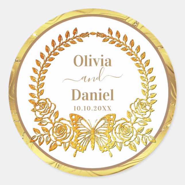 Sticker Rond Enregistrer la date, le papillon et la fleur d'or (Devant)