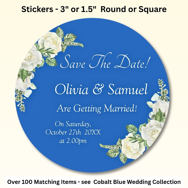 Sticker Rond Enregistrer La Date - Mariage Cobalt Blue & White  (Créateur téléchargé)