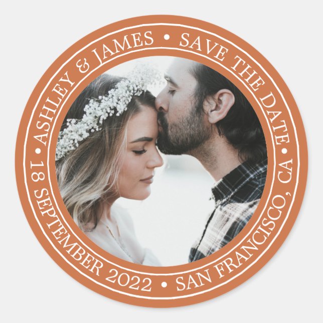 Sticker Rond Enregistrer la date Mariage Photo Orange Envelope  (Devant)