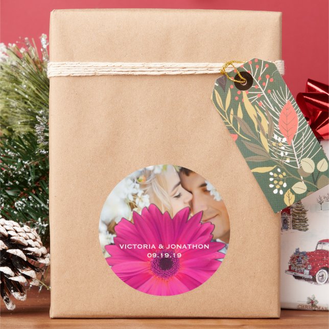 Sticker Rond Enregistrer la date Photo rose Gerber Daisy Mariag (vacances)