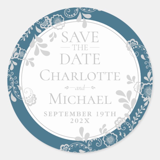 Sticker Rond Enregistrer la date Silver Blue Victorian Floral L (Devant)