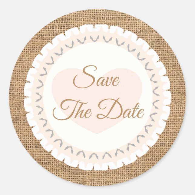 Sticker Rond Enregistrer l'autocollant Mariage de Burlap rustiq (Devant)