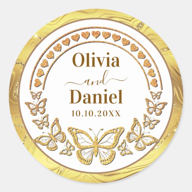 Sticker Rond Enregistrez la date, les papillons et les coeurs d (Devant)